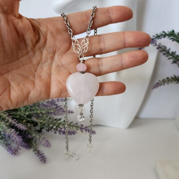 Rose Quartz Heart Shaped Stone Pendant Necklace - Picture 12 of 12